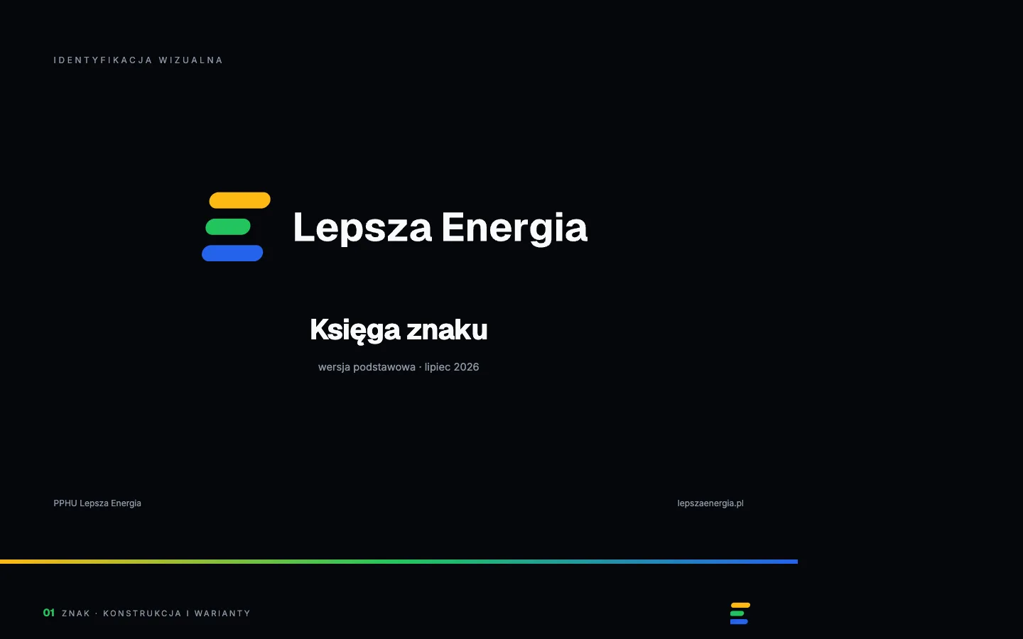 Okładka księgi znaku: trzy strumienie energii w literze E obok logotypu