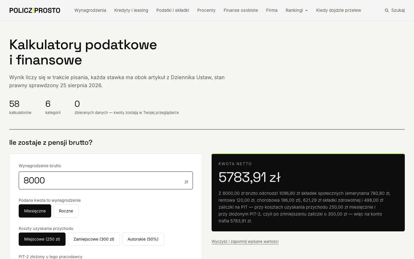 Strona główna policzprosto.pl: kalkulatory podatkowe i finansowe z rozpisanym wyliczeniem pensji brutto na netto