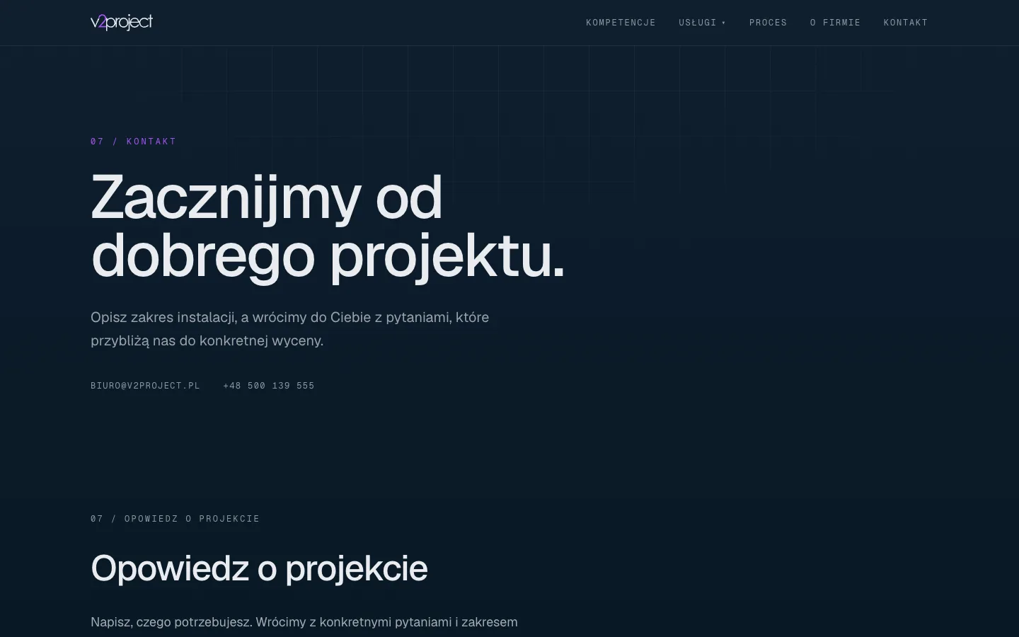 Strona kontaktu v2project.pl: „Zacznijmy od dobrego projektu” z danymi biura
